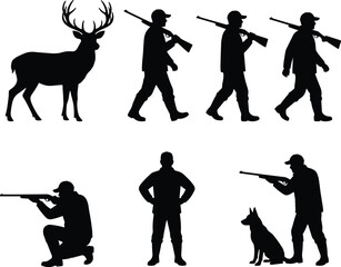 Hunting silhouettes, deer with antlers, hunters walking rifles, crouched shooting pose, hunting dog companion, outdoor wildlife sport, traditional hunting lifestyle illustration © MstGeasmin