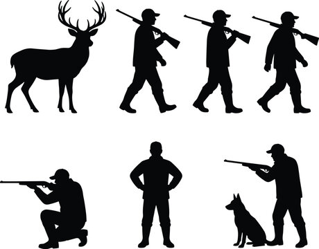 Hunting silhouettes, deer with antlers, hunters walking rifles, crouched shooting pose, hunting dog companion, outdoor wildlife sport, traditional hunting lifestyle illustration