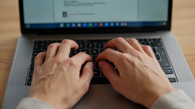 Close up shot of hands typing on a modern laptop keyboard at desk
