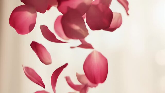 Falling Pink Rose Petals on Bright Background - Soft pink rose petals fall and float in the air, set against a bright minimal background.
