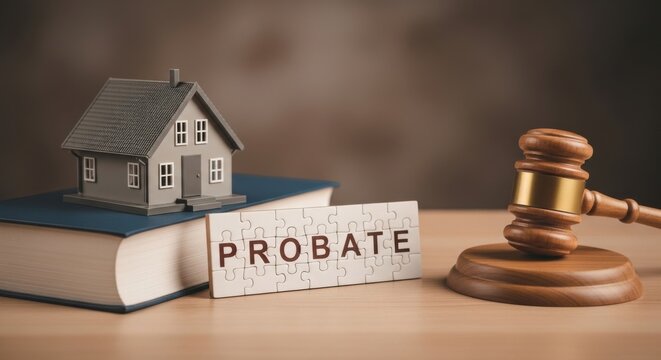 Legal probate process involving a miniature house model and a gavel.