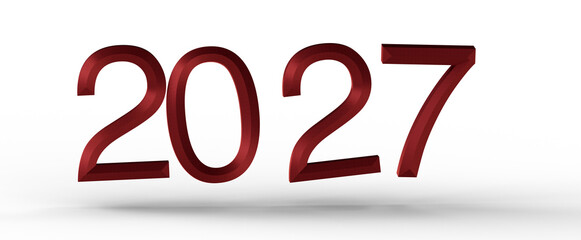 Bold maroon 2027 year digits against a clean white backdrop. Perfect for new year greetings and future concepts. © vegefox.com