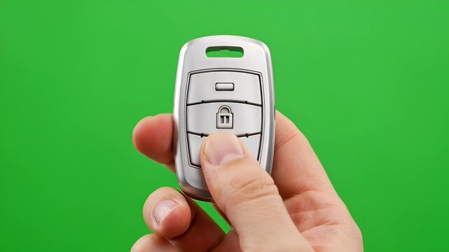 hand holding silver car key fob with lock button pressed green background