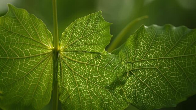 Detailed closeup of vibrant green leaves showcasing intricate vein patterns and natural texture