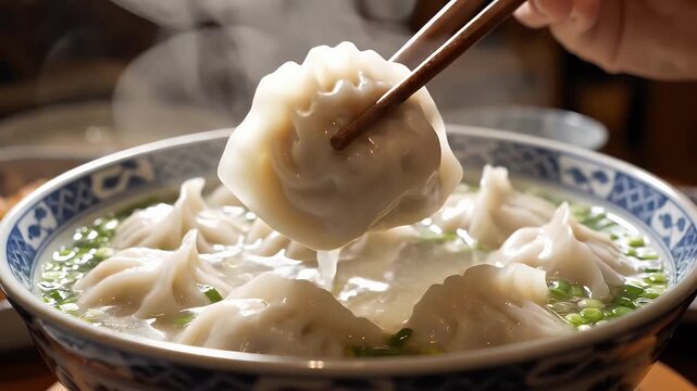 Steaming Dumplings with Chopsticks - A close-up shot of a bowl filled with steaming dumplings in broth, garnished with scallions.