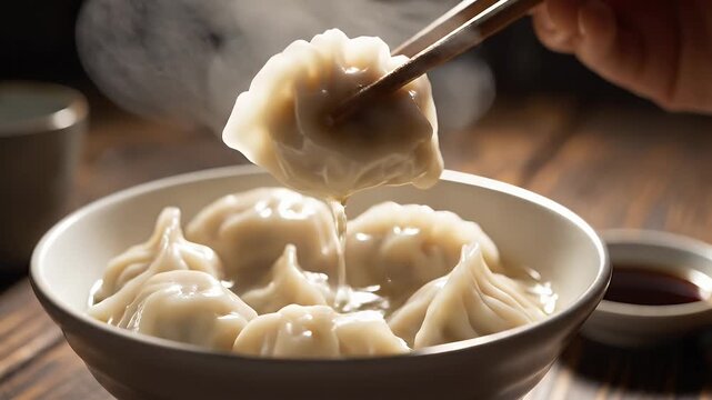 Steaming Dumplings with Chopsticks - A close-up shot showcases a steaming bowl of dumplings, one of which is being picked up with chopsticks.