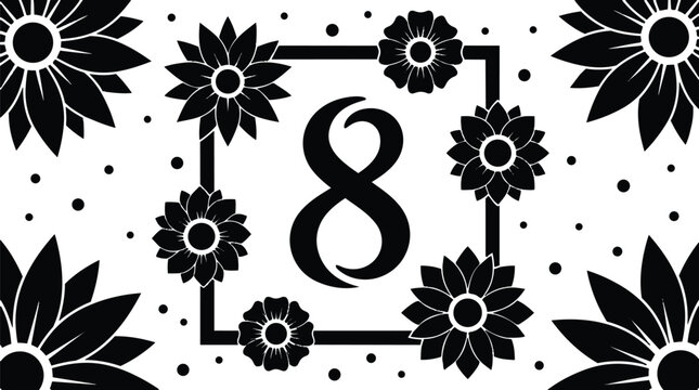 Flat silhouette floral frame with central number eight and corner sunflowers dotted background decorative border for greeting design elegant card