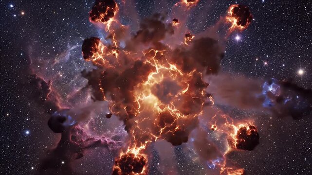 Stellar Explosion in Deep Space - This video depicts a powerful stellar explosion, ejecting matter into the surrounding deep space nebula.