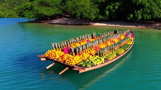 A long wooden boat brimming with colorful tropical fruit glides over clear turquoise water near a lush green shore, its neat rows of pineapples, bananas, and melons glowing in warm sunlight.