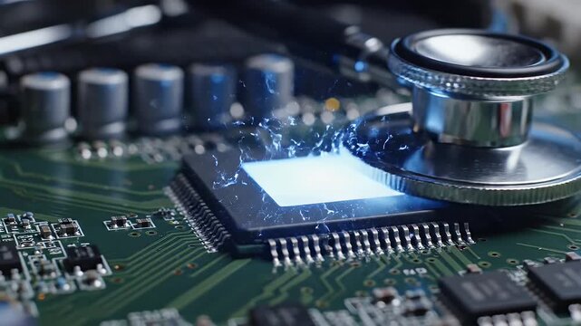 Technology Diagnostics and Repair Concept - A stethoscope rests on a glowing blue circuit board microchip, representing technology diagnostics and repair.