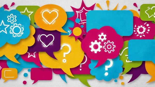 Colorful speech bubbles animation background featuring business icons and social engagement symbols perfect for explainer videos and marketing presentations
