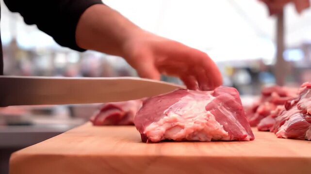 A butcher uses a sharp knife to carefully slice large pieces of fresh raw red meat on a wooden block, preparing qurban portions for the Idul Adha celebration.