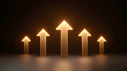 Five illuminated golden arrows ascend in a row representing upward progress growth and success against a dark background