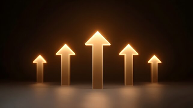 Five illuminated golden arrows ascend in a row representing upward progress growth and success against a dark background