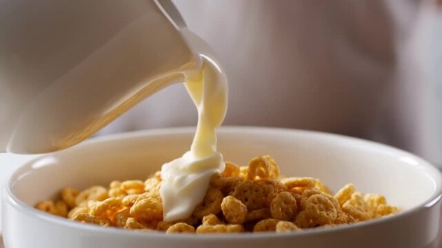 Macro slow motion, fresh milk pouring from ceramic jug into crispy cereal flakes, splash droplets, satisfying morning texture. Concept for breakfast cereals