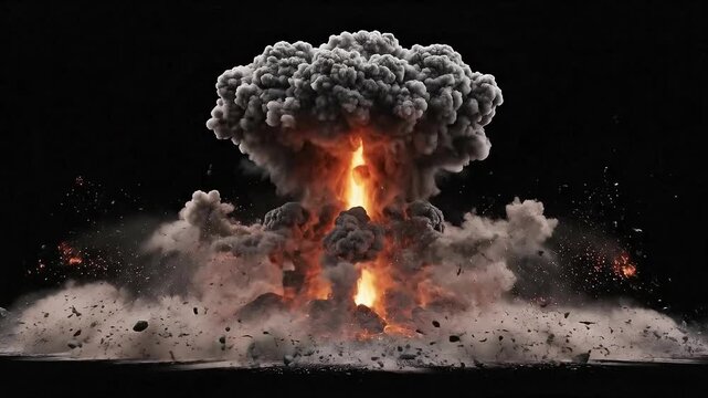Massive Nuclear Explosion Mushroom Cloud Rises Against Black Background.