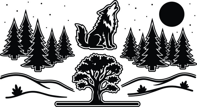 Minimalist vector of howling wolf above pine forest with moon and lone oak tree bold outline sticker vintage badge design
