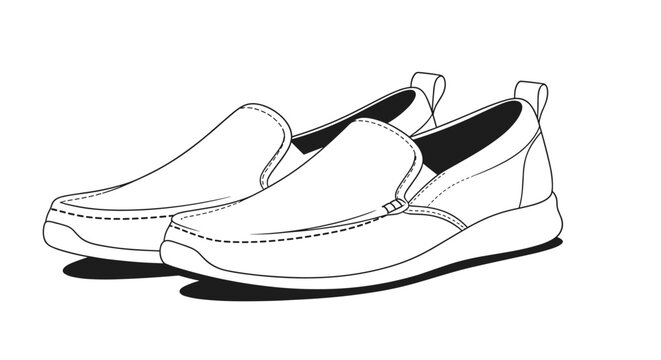 Pair of men's slip-on loafers or moccasins is depicted in a clean black and white line art illustration style from a perspective angle.