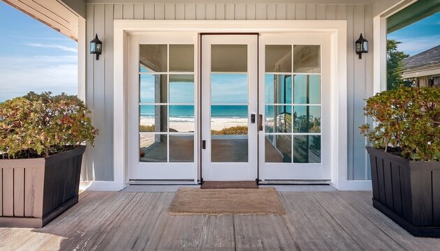 minimalist hamptons beach home entrance with modern glass french doors neutral tones and elegant seaside ambience