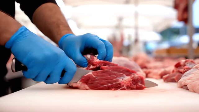 A skilled butcher wearing blue gloves carefully slices high-quality raw beef on a white board, preparing meat for distribution during the Idul Adha sacrifice.