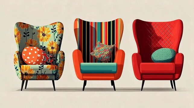Three colorful armchairs in a row