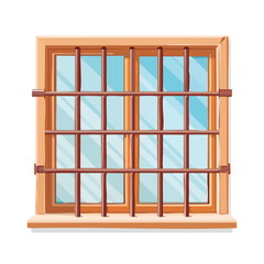 Obraz premium Cartoon window with metal bars and wooden frame