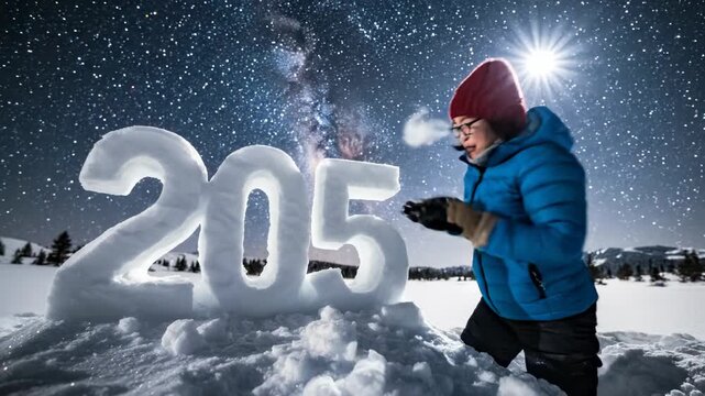 Person carving the year 2055 into snow, winter night scene.