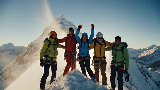 Mountain Climbers Celebrate Success - A diverse group of five mountaineers stand triumphantly on a snowy mountain peak, arms raised in celebration.