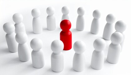 A unique red figure stands out among a group of white figures, symbolizing leadership and individuality. The figures are arranged in a circular formation.