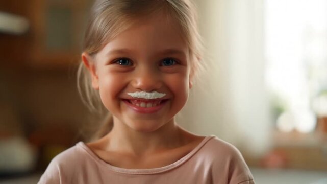 Little girl drinking milk with white mustache on upper lip, joyful eyes, soft window light, innocent childhood moment. Concept for children&rsquo;s dairy products