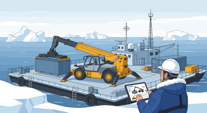 Telehandler loading cargo container onto a barge in an arctic environment.