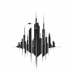 Abstract futuristic city skyline silhouette with flying vehicle. Modern metropolis architecture, sci-fi urban landscape illustration.