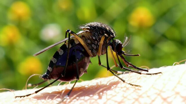 Macro shot of a mosquito biting human skin showcasing the insect s feeding process against a blurred green background a close-up view for health and science concepts