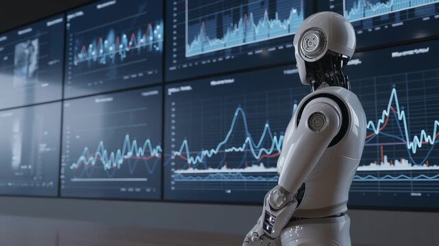 A robot is present in an office space with multiple screens displaying graphs and charts. The robot looks at the data while the sunlight comes in through the window.