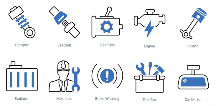 set of car icons as engine piston damper