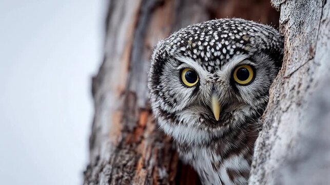 Owl peeking from tree hollow
