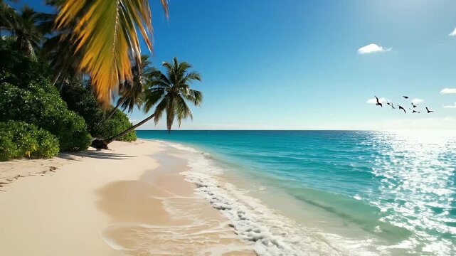 Tropical Beach Paradise with Palm Trees and Turquoise Ocean - This serene video captures a stunning tropical beach paradise, showcasing white sand, turquoise ocean waves and lush palm trees.
