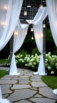 An elegant outdoor wedding arch is adorned with flowing white drapes. Hanging candles illuminate the stone pathway leading through a lush garden.