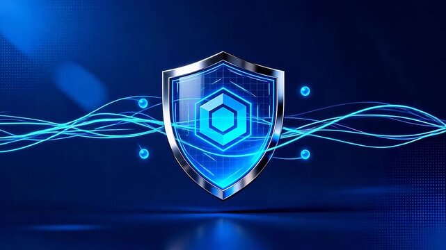 Blue shield with hexagon and glowing lines