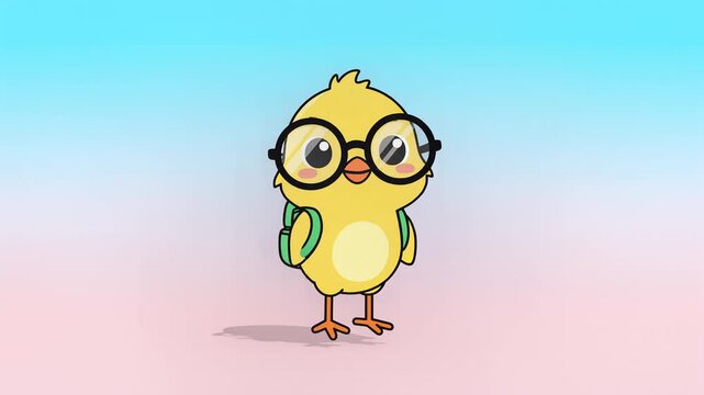 Adorable cartoon chick wearing glasses on a pastel background.