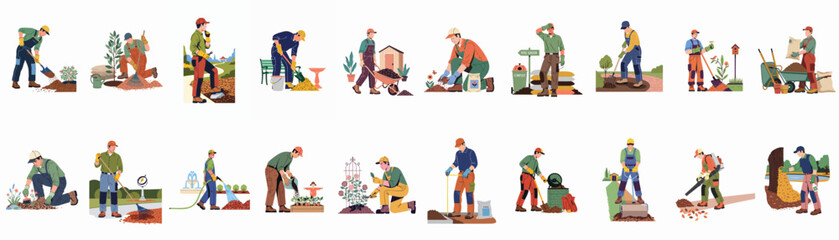 Professional gardeners and landscapers performing diverse outdoor maintenance tasks including planting, mulching, watering, raking, and general yard work activities.