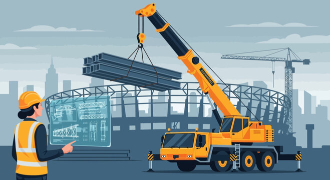 Construction site with a large yellow crane lifting steel beams and a worker observing the operation.