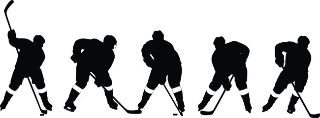 Ice hockey player silhouettes set showing skating, shooting and dribbling poses, professional sport action collection isolated on white background for design use © Azom