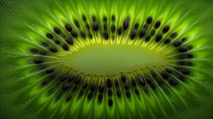 A refreshing macro view of kiwi fruit highlighting geometric seed arrangement and juicy texture.