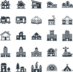 Naklejka premium Collection of house icons in a flat design style. The set includes different house types like modern, vintage, and commercial buildings