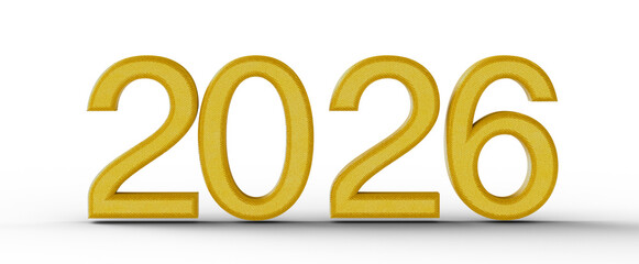 3D render of the year 2026 in golden color isolated against a white background. Perfect for new year themes and celebrat