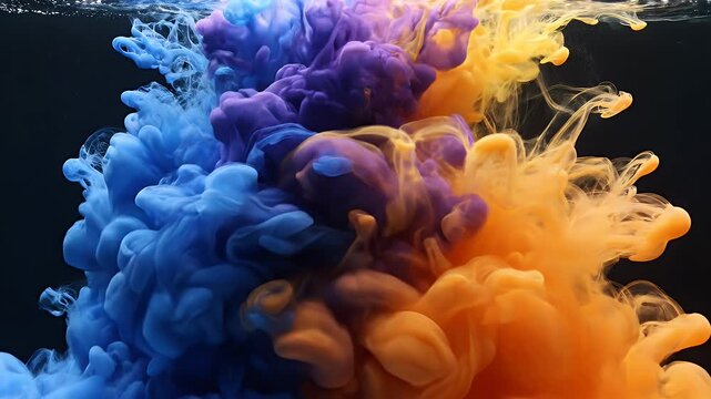Abstract Blue and Orange Ink Cloud in Water - This video captures a vibrant scene of blue and orange ink mixing and swirling in dark water, creating an abstract cloud-like effect.