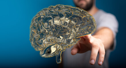 Fototapeta premium Innovative concept of a brain with a hand reaching towards it, representing ideas, insight, creativity, and the power of