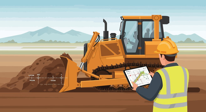 Construction worker overseeing bulldozer operation on site.