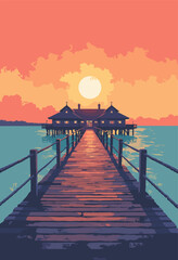 Obraz premium Ribersborgs Kallbadhus openair bath pier stretching out into ocean intricate wood details against setting sun